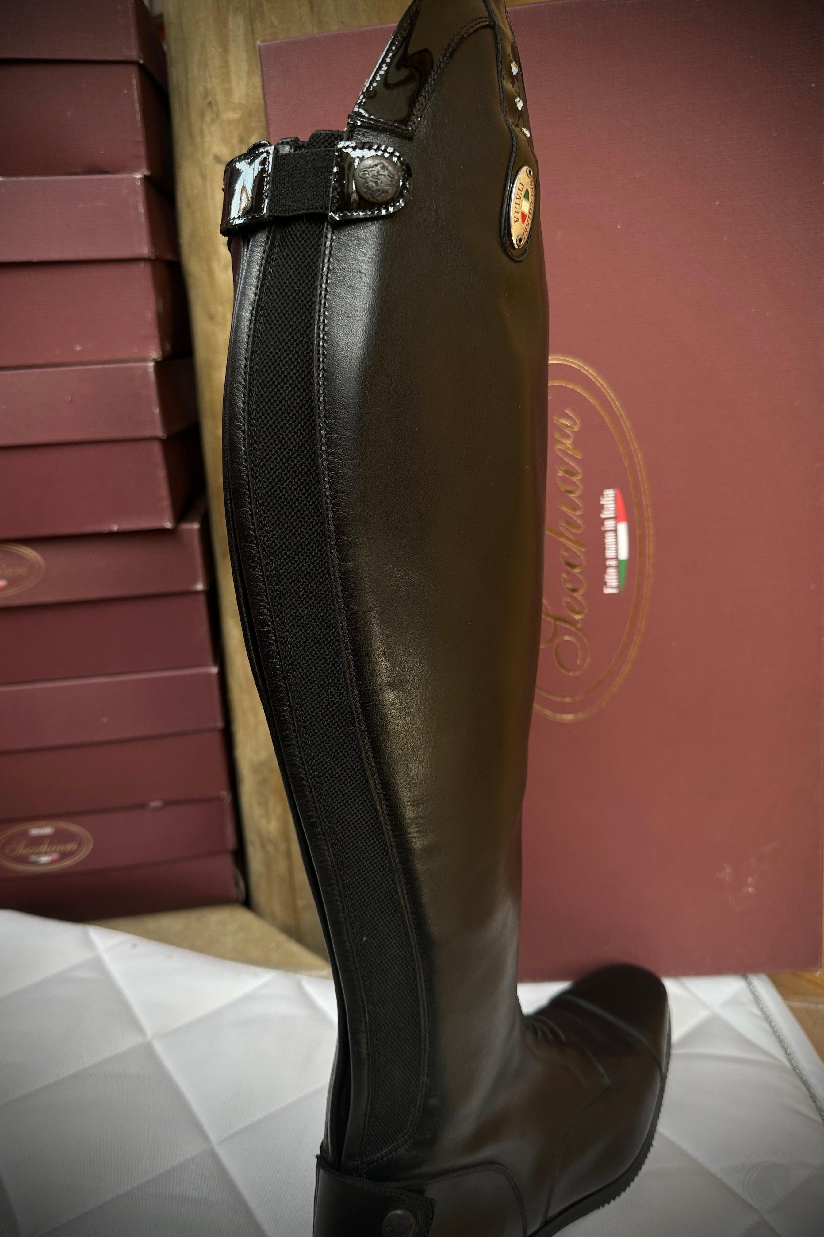 Secchiari Patent Top with Crystals Smooth Tall Riding Boots with laces