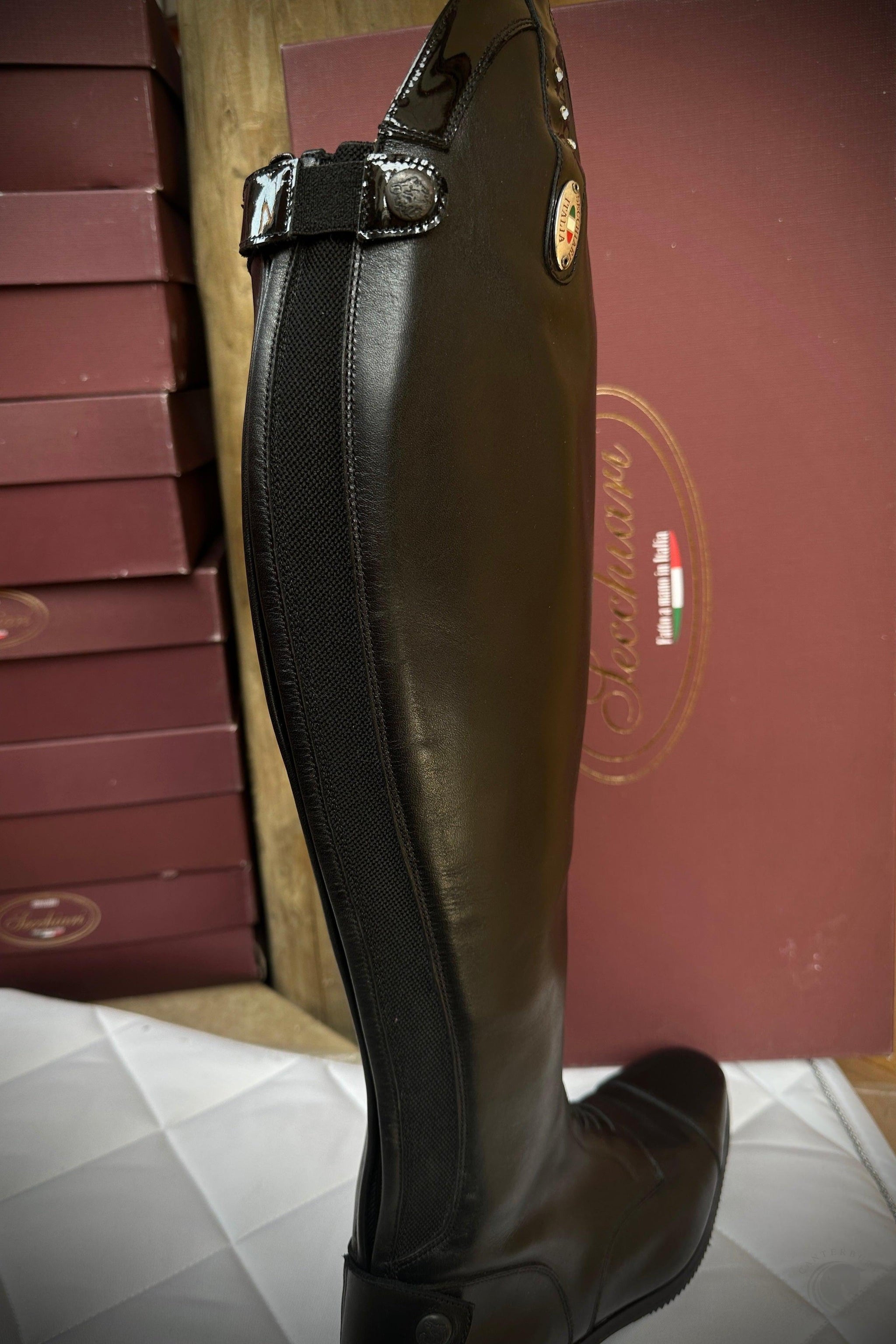 Secchiari Patent Top with Crystals Smooth Tall Riding Boots with laces