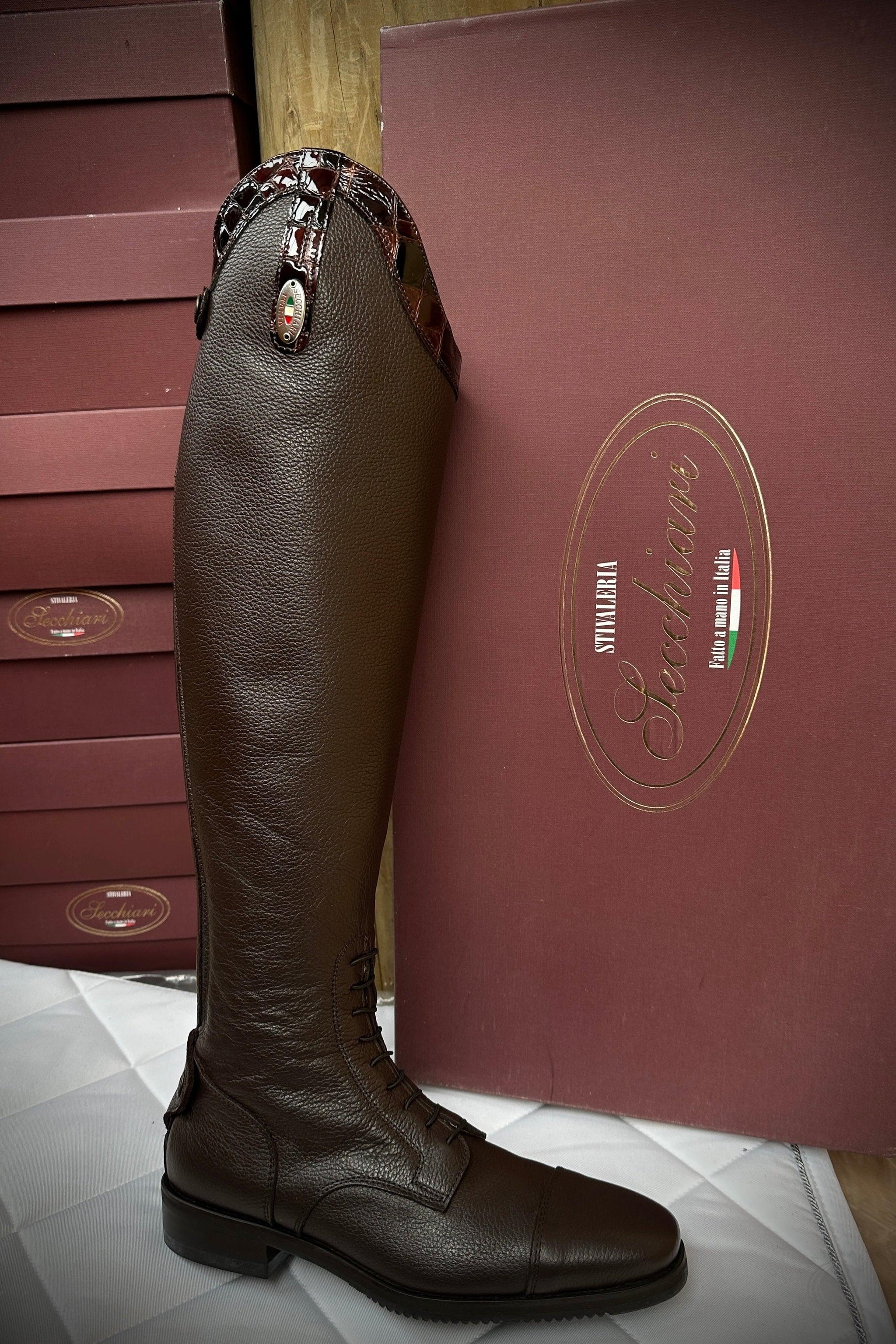 Secchiari Brown Buffalo with Patent Croc Trim