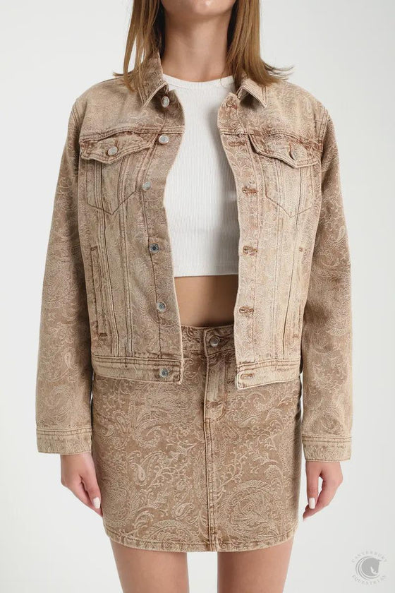 Grace In L.A Jacquard Paisley Embroidered Denim Jacket